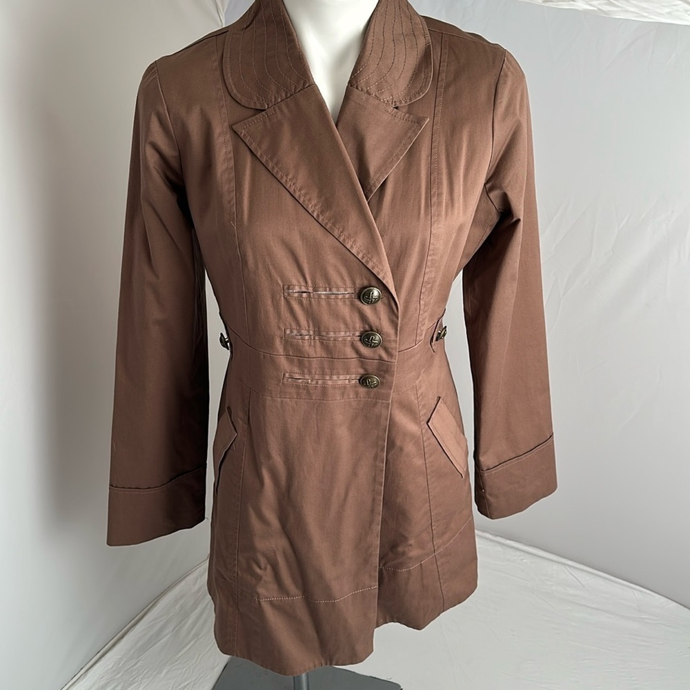 Jolt Y2K tan latte fitted double breasted military style trench coat L